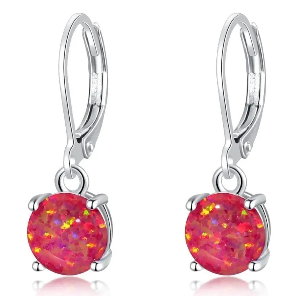 14K White Gold with Round Genuine Red Fire Opal Hoop Leverback Drop Earrings